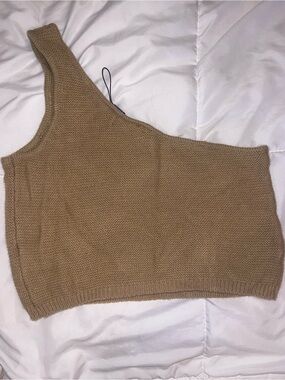 Pretty Little Thing One-Shoulder Knit Crop Top in Beige NWOT